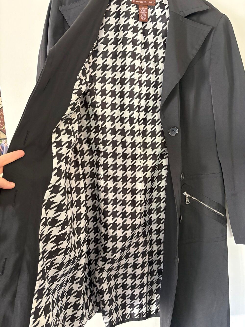 Vtg 90s Bandolino Black Trench Coat M Houndstooth Duster Raincoat Goth Jacket - Picture 3 of 9
